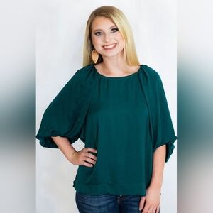 Umgee Forest Green Satin High-Low Top with Half Balloon Sleeves, Size Medium